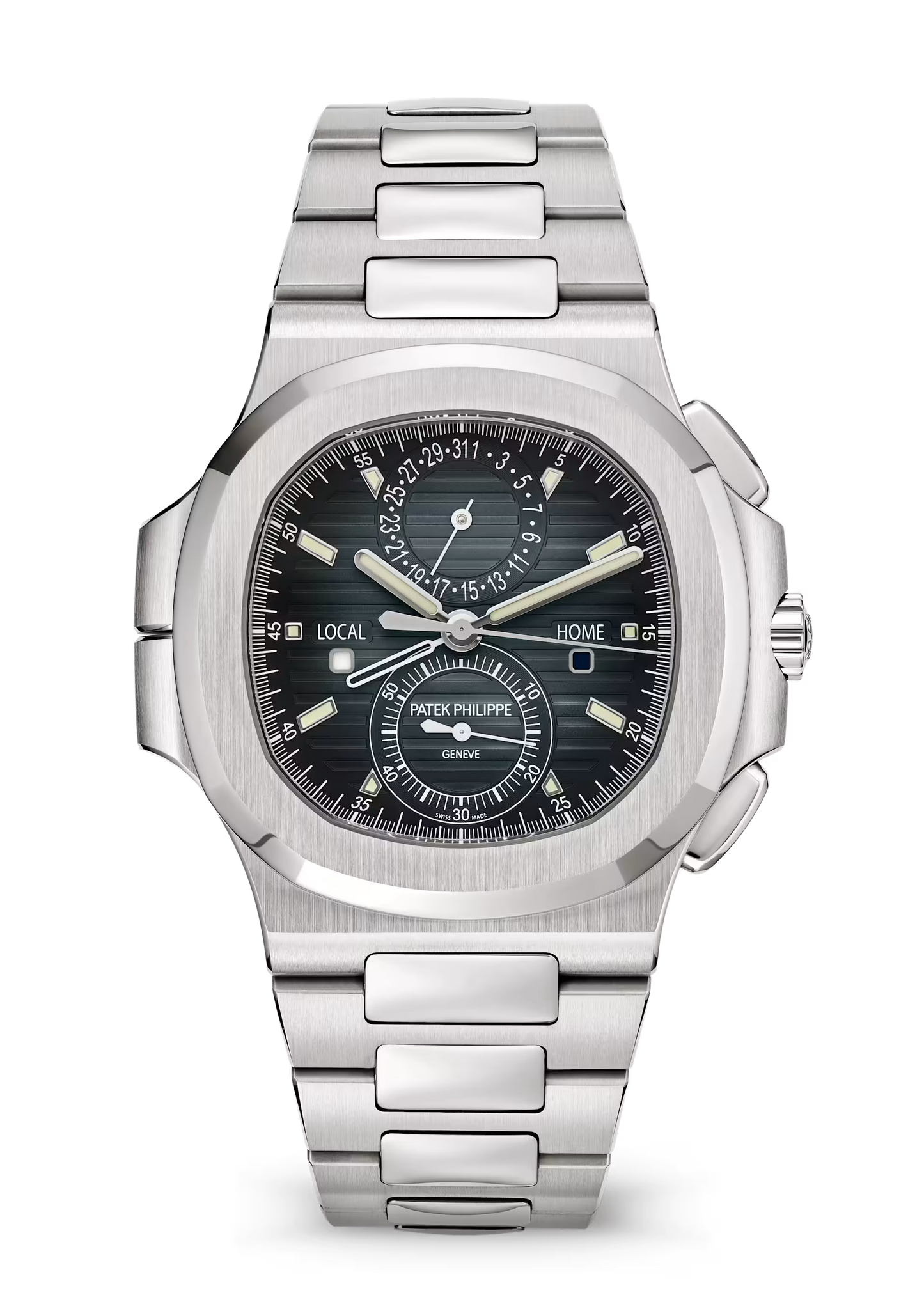 Nautilus-Inspired Steel Watch – Flyback Chronograph, Dual Time Zone & Date Hand